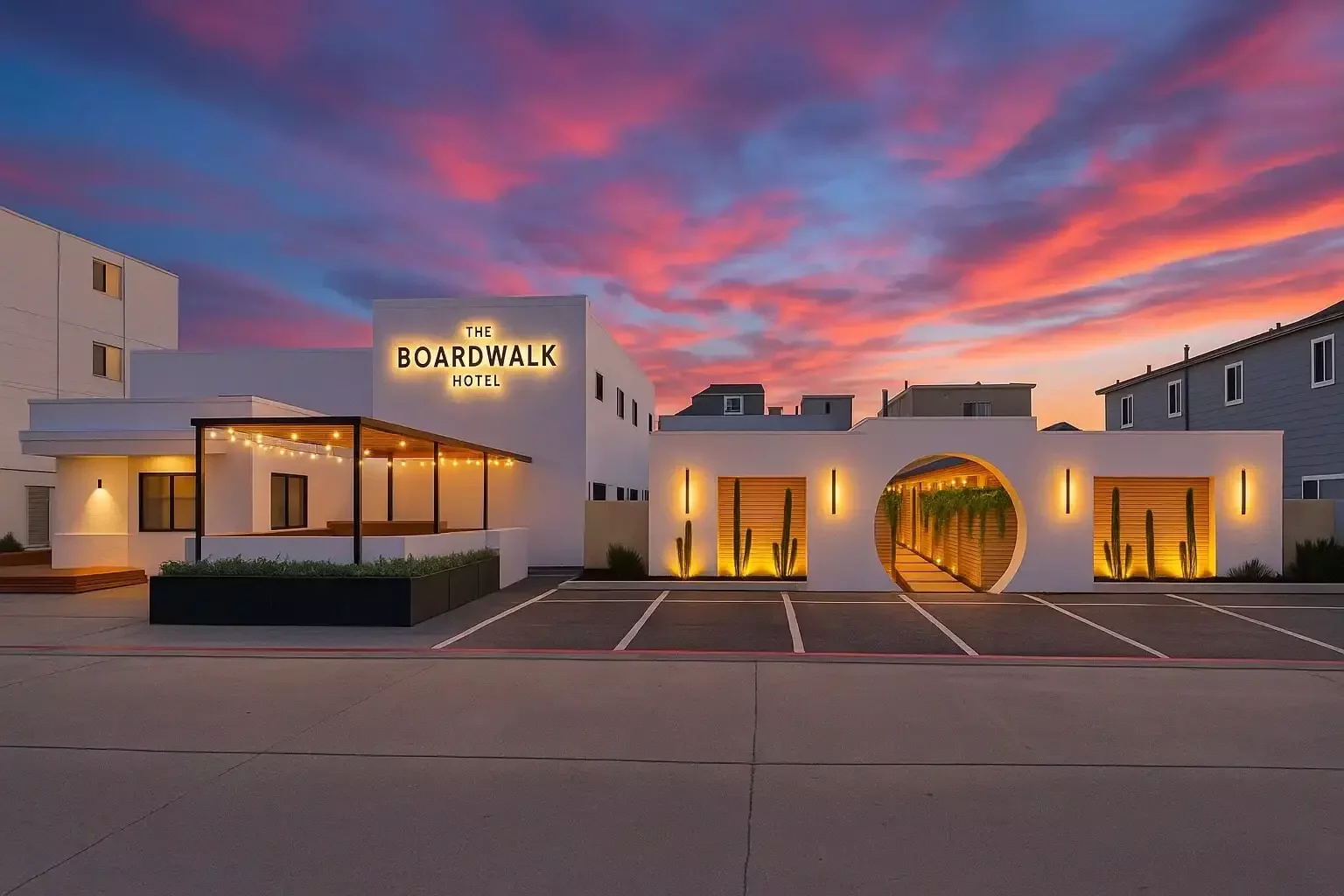 After: the same view as the Boardwalk Hotel at twilight, with a lit BOARDWALK sign on the office, a glowing moon-gate entry and an open forecourt.